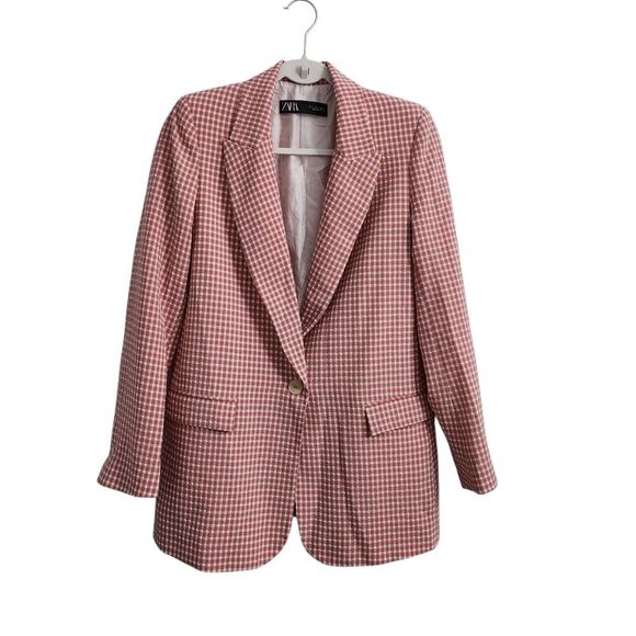 Zara Blazer Small Gingham Pink & White Jacket Bloggers Favorite Pockets Collared - Picture 1 of 10